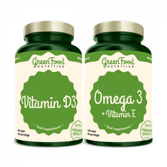 GreenFood Nutrition Omega 3 + Vitamin E 120cps + Vitamin D3 60cps. GreenFood Nutrition Omega 3 + Vitamin E 120cps + Vitamin D3 60cps.