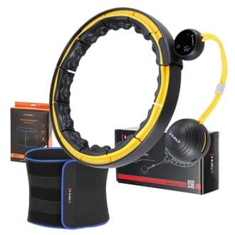 Sada masážní hula hoop se závažím HMS HHM13 a zeštíhlujícího pásu BR1313 černá/žlutá Sada masážní hula hoop se závažím HMS HHM13 a zeštíhlujícího pásu BR1313 černá/žlutá